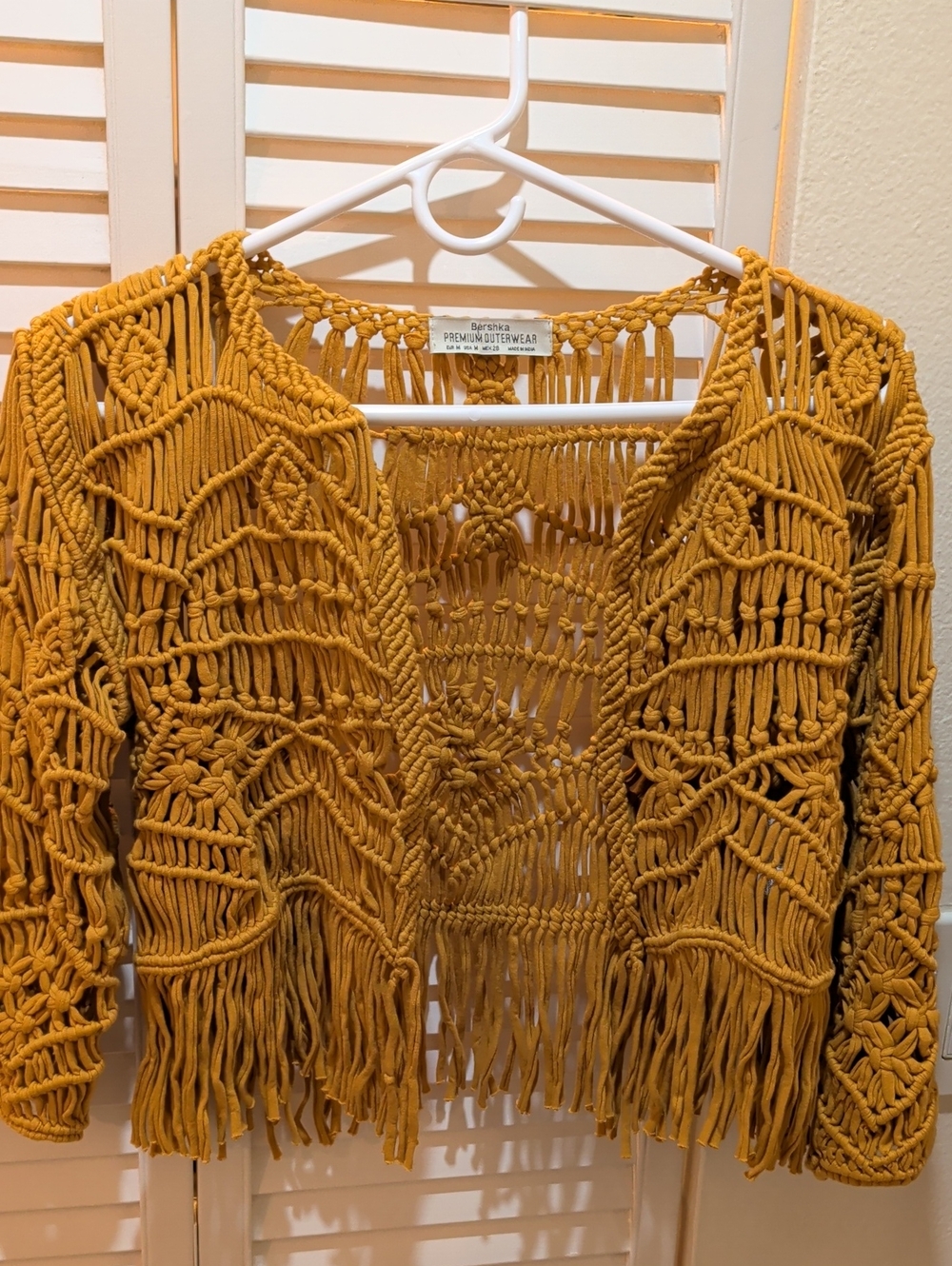 Bershka Mustard Macrame Yellow Open-Knit Fringe Cardigan Pinterest SZ M